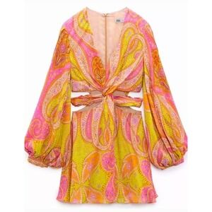 Zara Womens XL Paisley Print Cut Out Romper Pink Orange Long Sleeve 7631/044